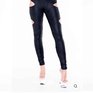 Black Nylon Pants Leggings Treggings with Cutout Details Size L New Without Tags